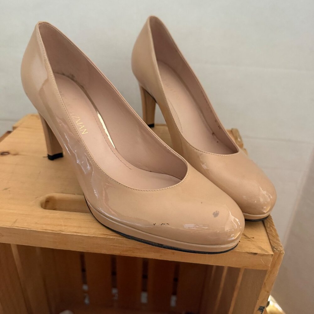 Stuart Weitzman Size 9M Nude Beige Patent Leather Round Toe Stiletto Heel Pumps - Picture 15 of 16